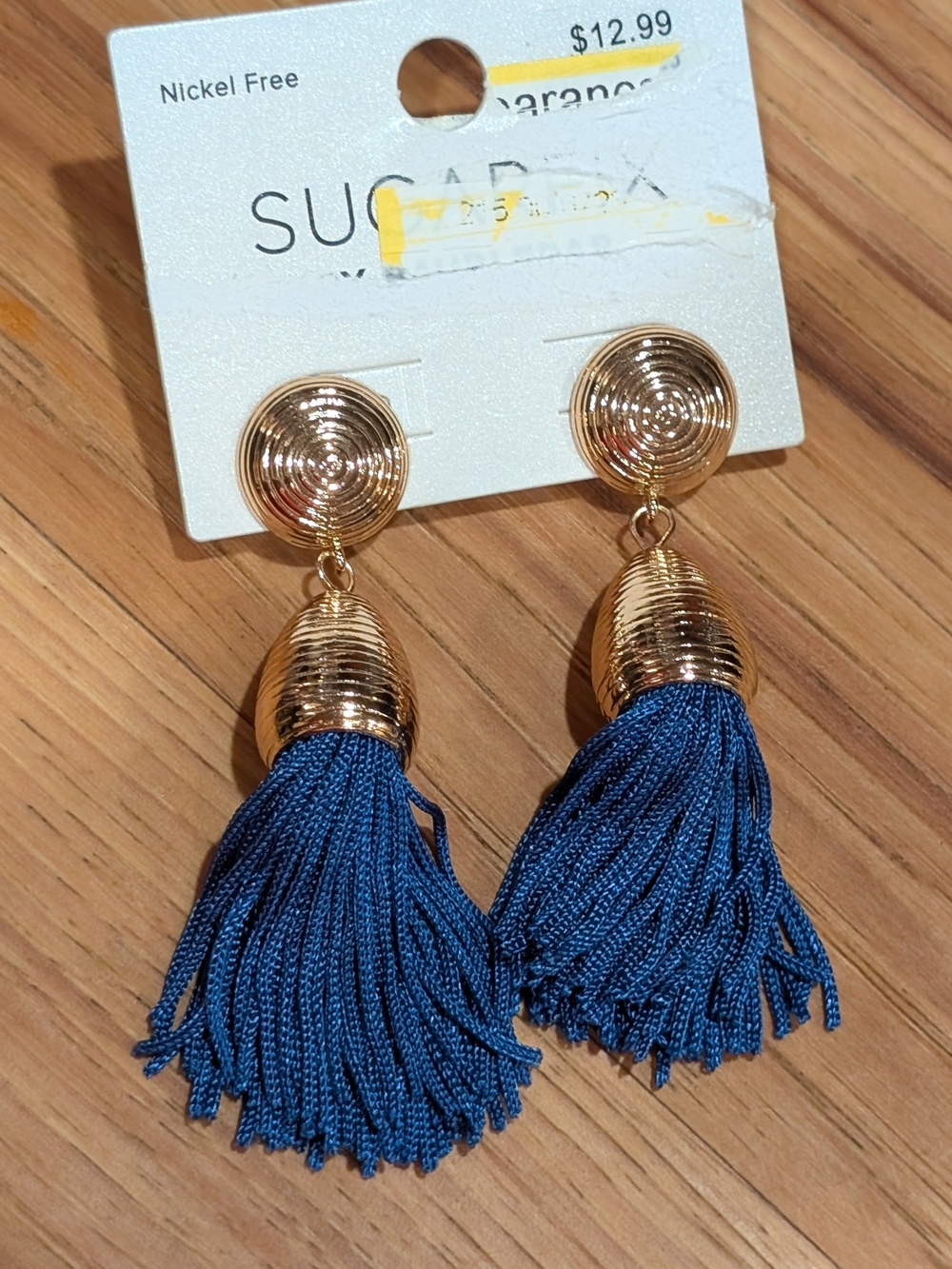 Gold and Deep Blue Tassel Drop Earrings